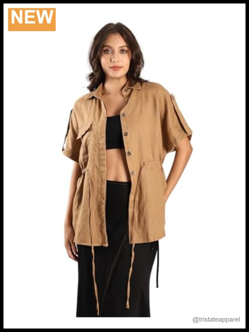 Women's 100% Linen Shirt Jacket with Waist Tie and Rolled Short Sleeves